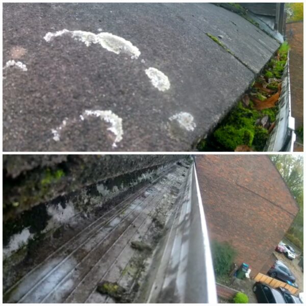 Before and after gutter clean showing debris cleared from gutters in Welling