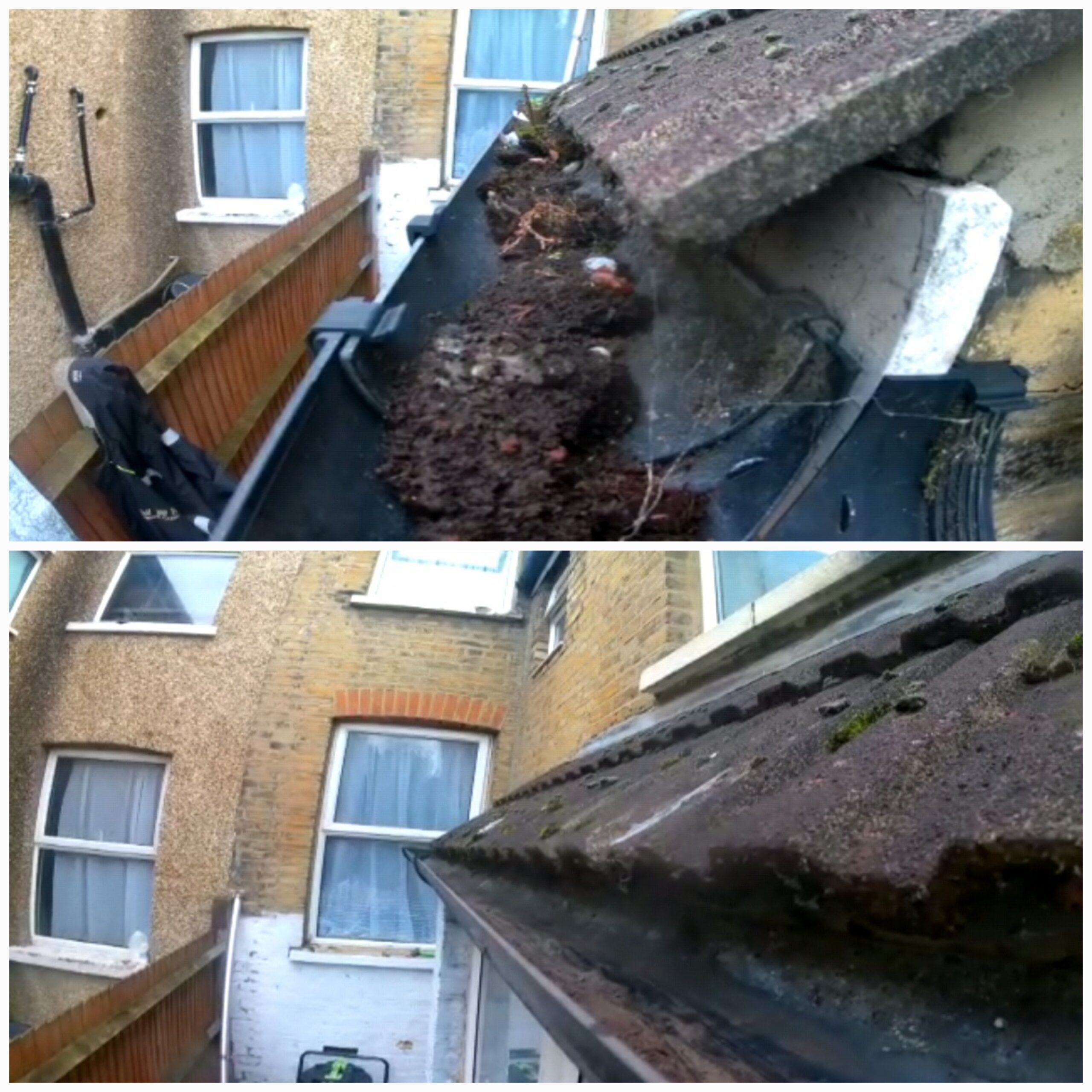 Heavily blocked gutters with moss – fully cleared with gutter vacuum