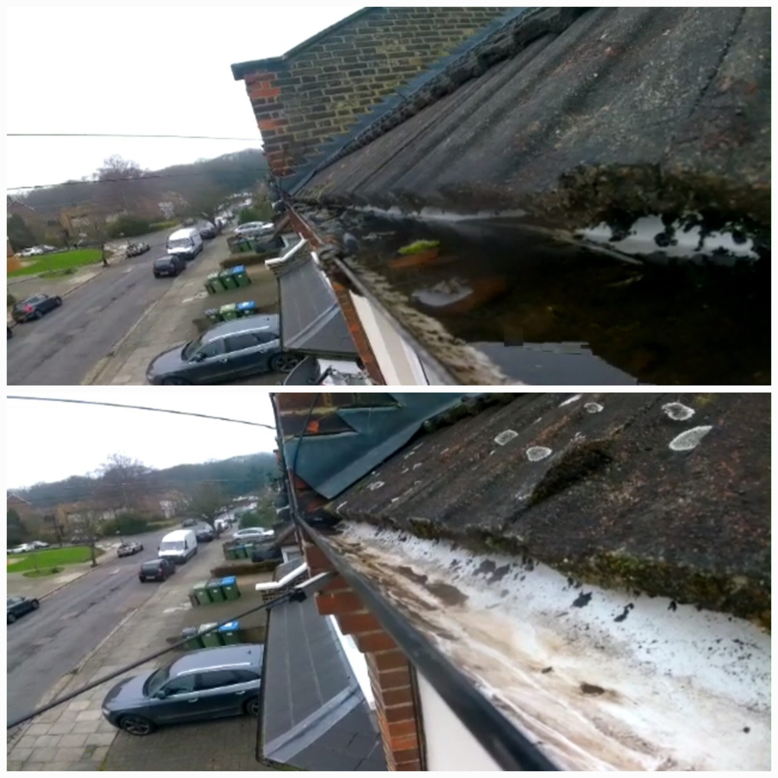 Thick layer of leaves cleared from terraced house gutter