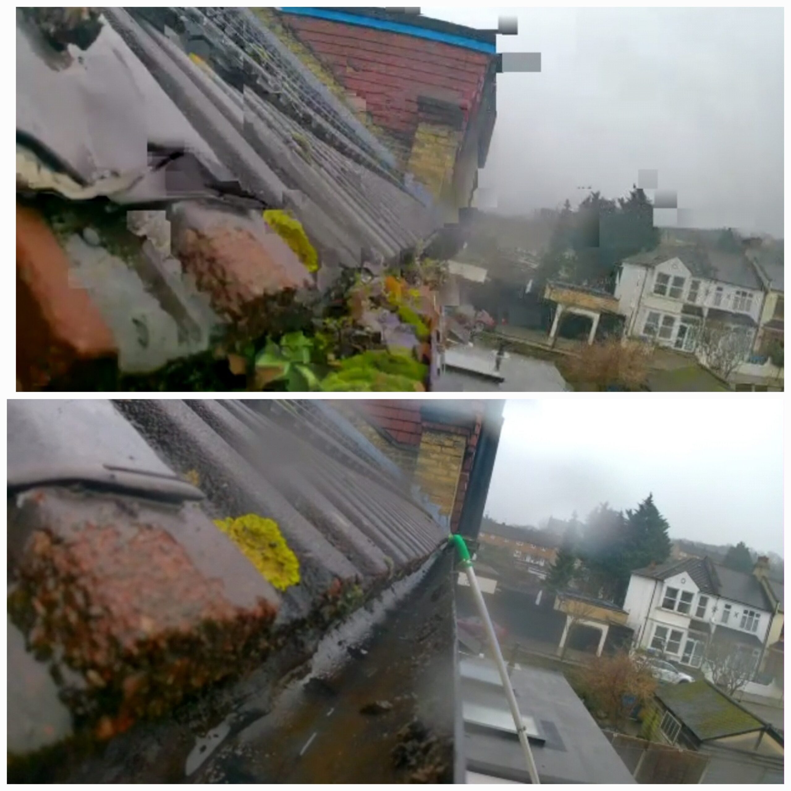 Moss and buildup vacuumed from high-level gutter